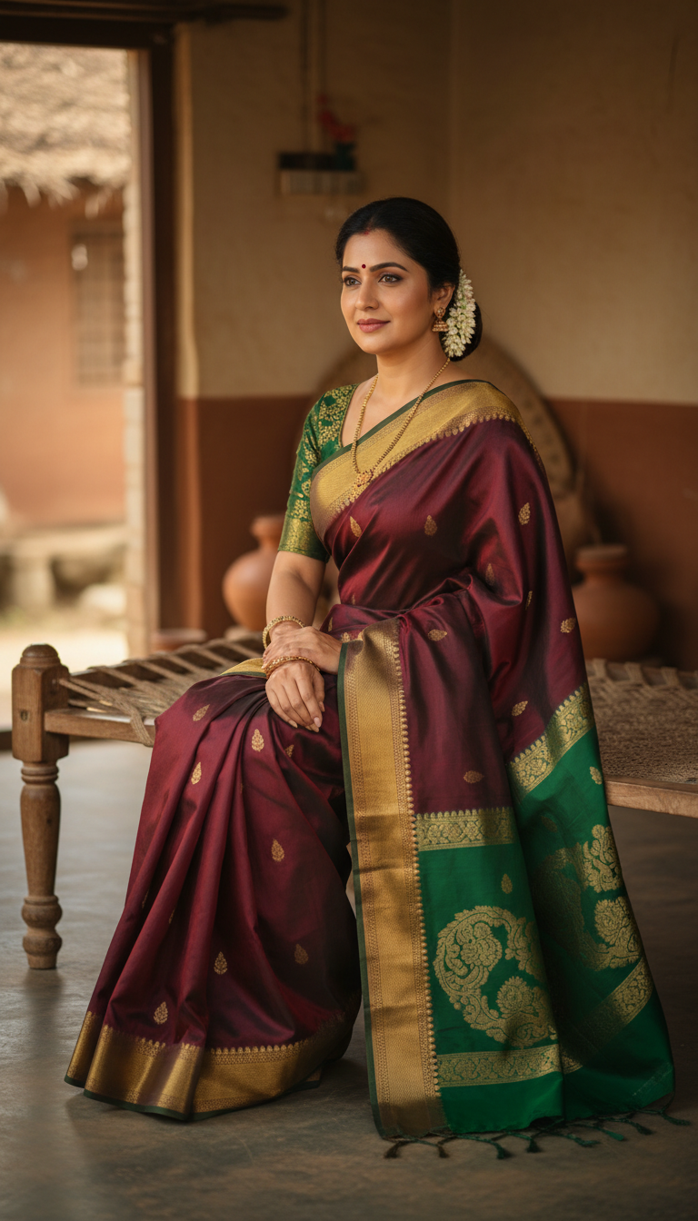 View Arani Silk Saree in Rural South Indian Home - AI transformation template example full size Arani Silk Saree in Rural South Indian Home - AI transformation template example