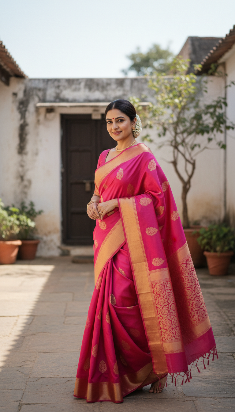 View Bright Arani Silk Saree in Village Courtyard - AI transformation template example full size Bright Arani Silk Saree in Village Courtyard - AI transformation template example