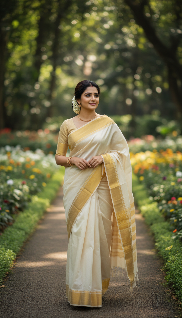 View Balaramapuram Saree in Serene Garden Path - AI transformation template example full size Balaramapuram Saree in Serene Garden Path - AI transformation template example