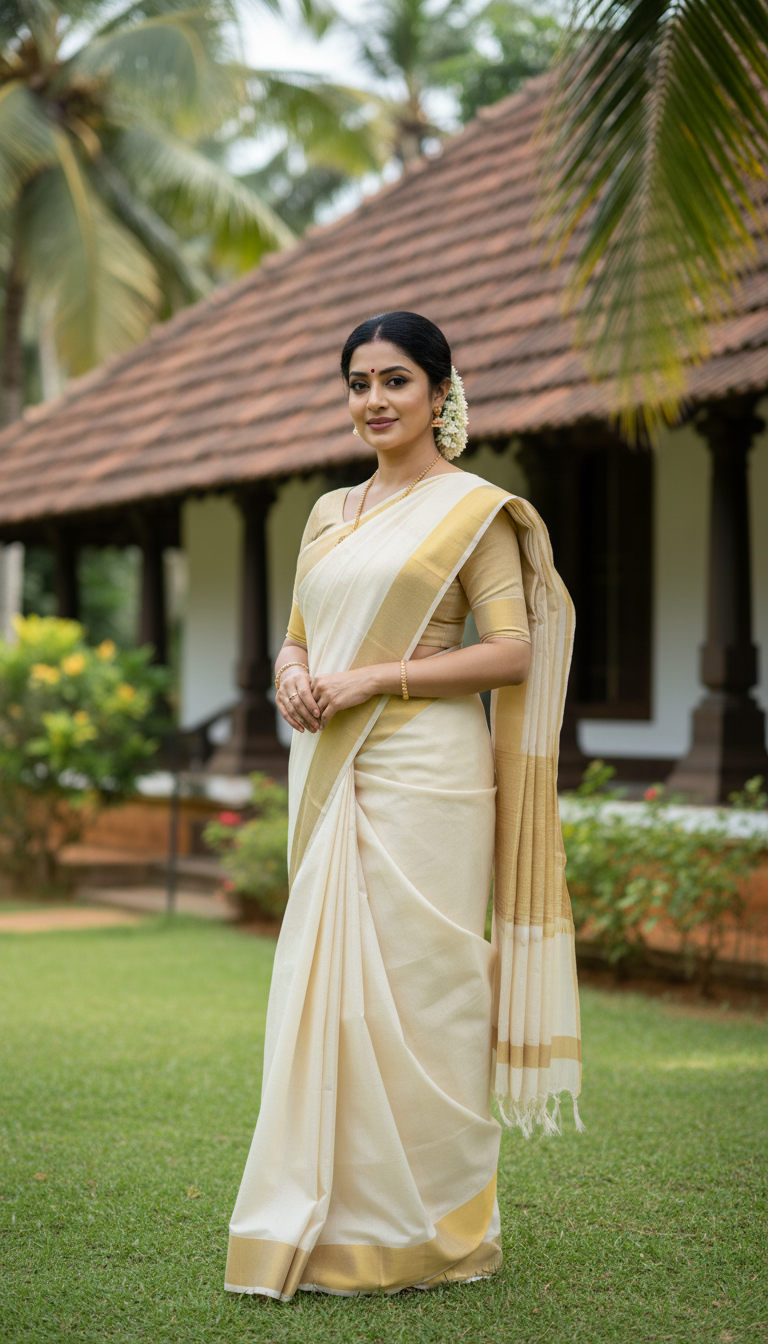 View Balaramapuram Saree in Kerala Traditional House - AI transformation template example full size Balaramapuram Saree in Kerala Traditional House - AI transformation template example