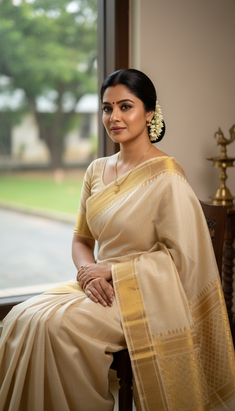 Balaramapuram Saree Elegance by Window - AI transformation template example