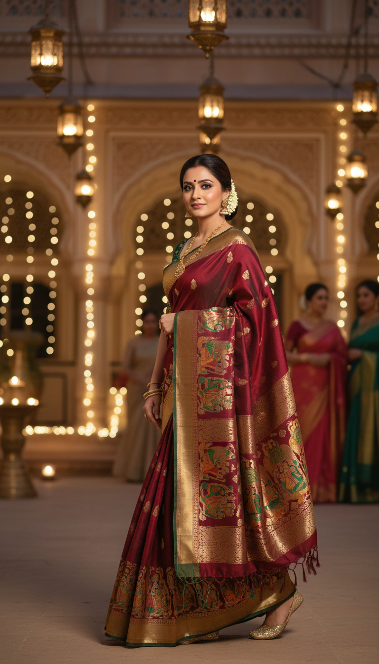 View Baluchari Saree at Evening Cultural Event - AI transformation template example full size Baluchari Saree at Evening Cultural Event - AI transformation template example