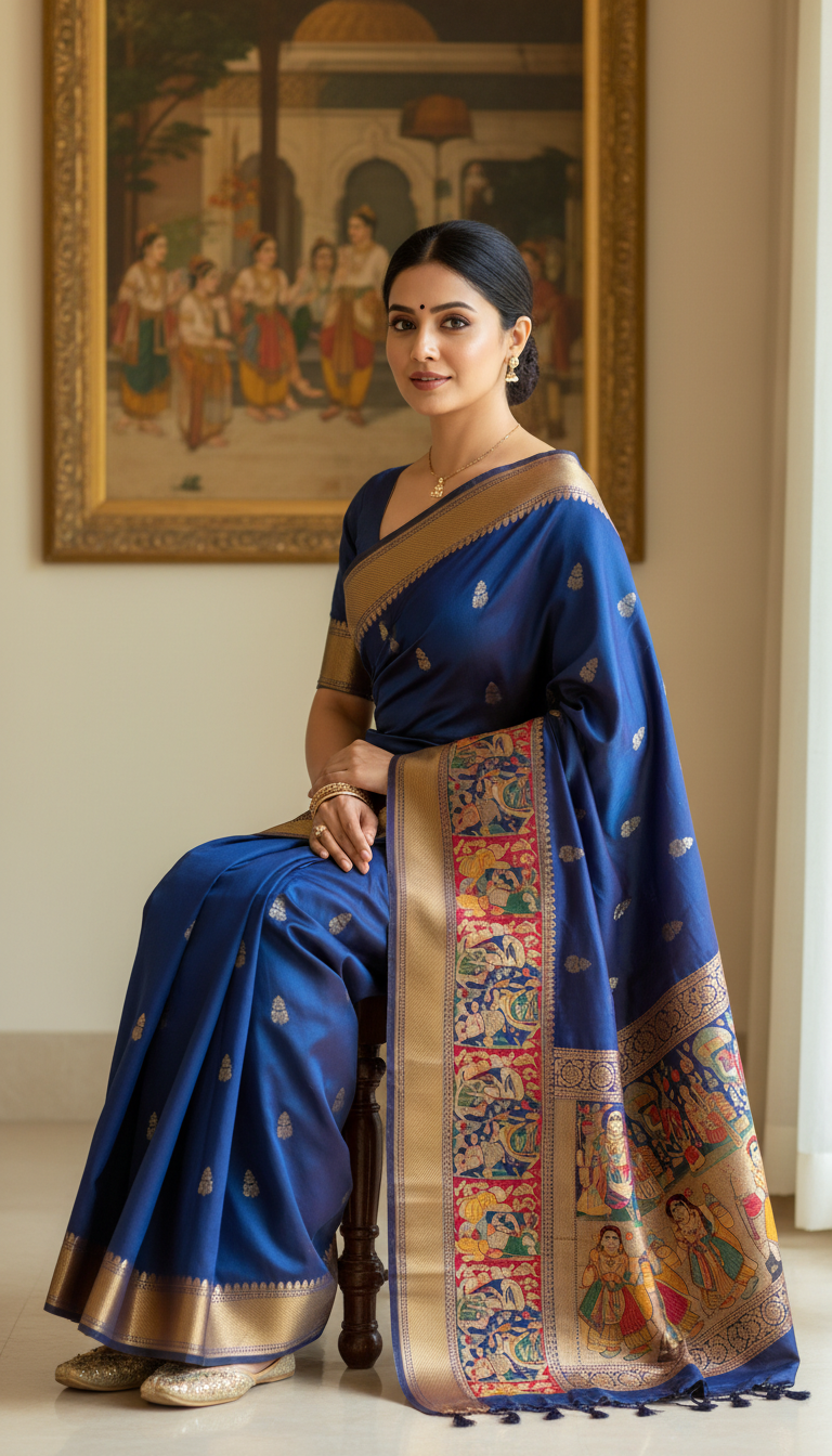 View Baluchari Saree Displayed Near Antique Painting - AI transformation template example full size Baluchari Saree Displayed Near Antique Painting - AI transformation template example