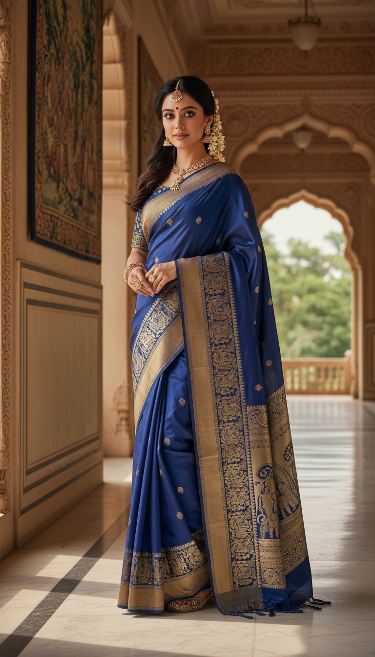 View Baluchari Silk Saree in Palace Hallway Portrait - AI transformation template example full size Baluchari Silk Saree in Palace Hallway Portrait - AI transformation template example