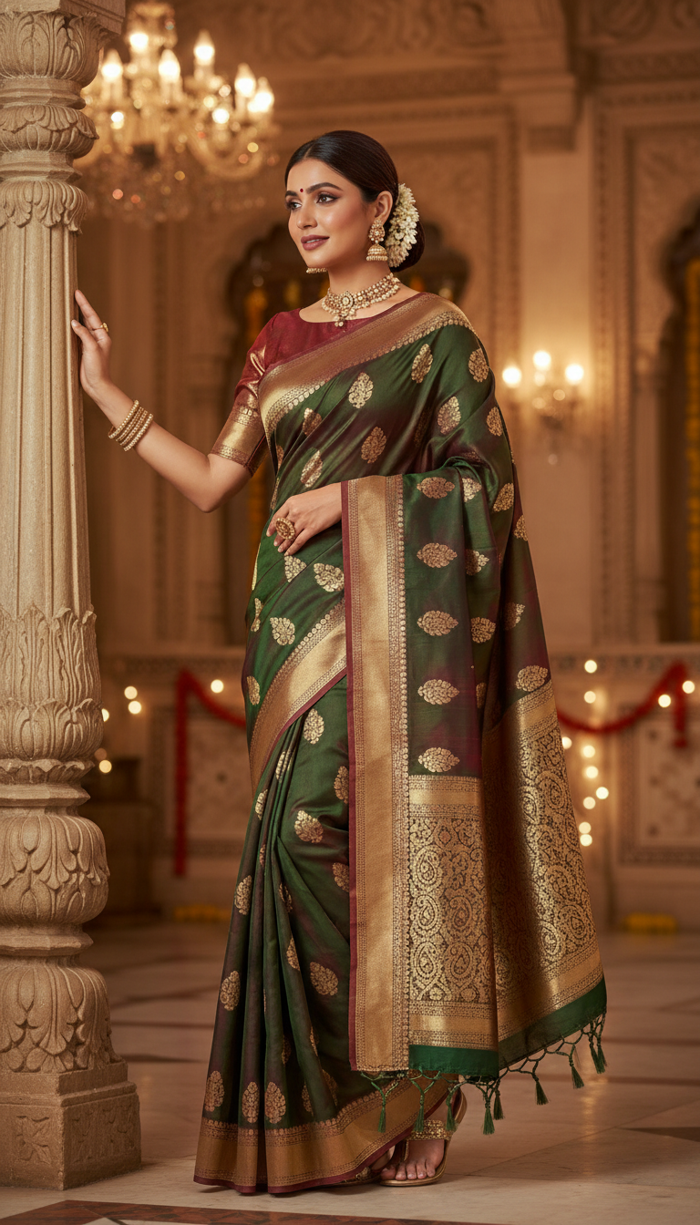 View Banarasi Georgette Saree Festive Hall Prompt - AI transformation template example full size Banarasi Georgette Saree Festive Hall Prompt - AI transformation template example