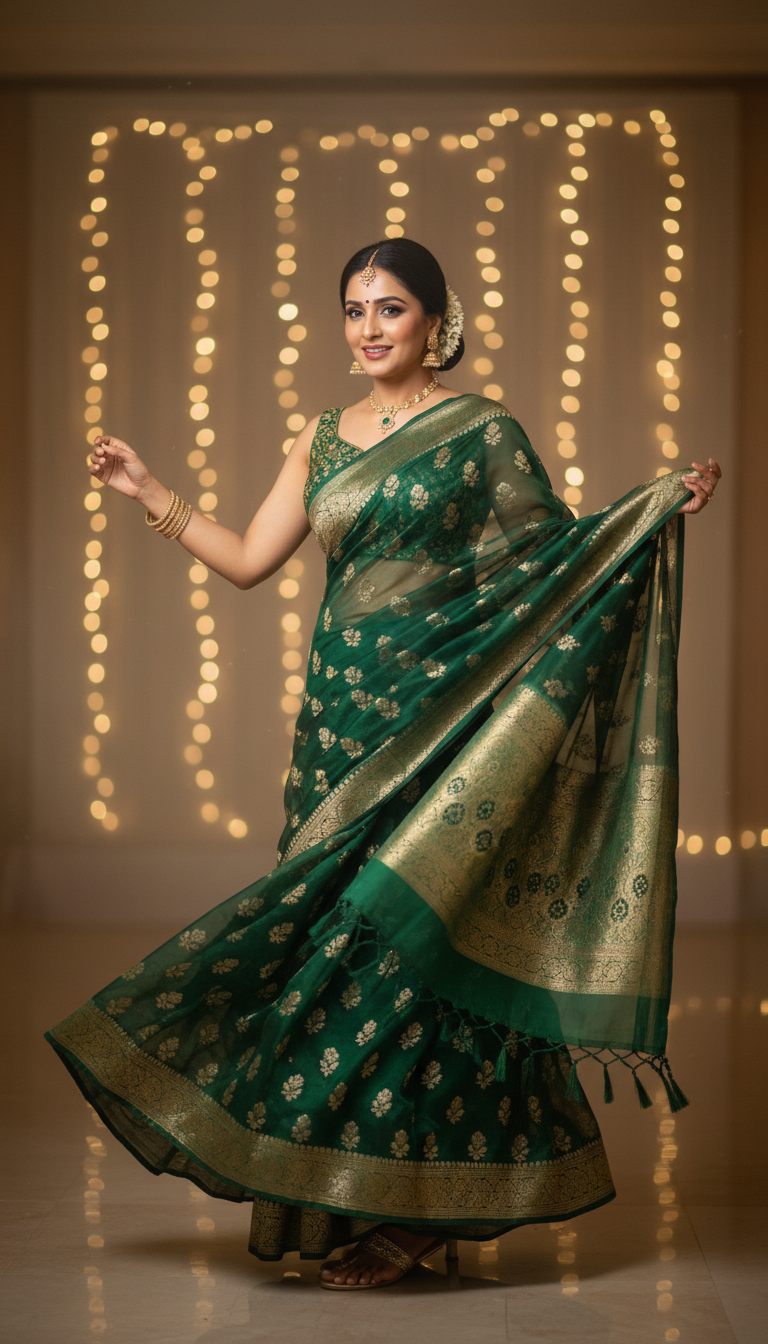View Banarasi Georgette Saree Twirl for Reception - AI transformation template example full size Banarasi Georgette Saree Twirl for Reception - AI transformation template example