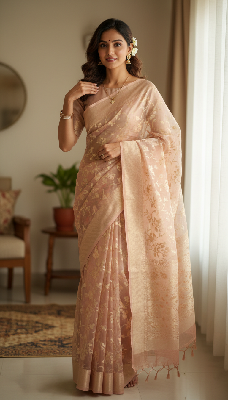 View Banarasi Organza Saree Indoor Shoot Template - AI transformation template example full size Banarasi Organza Saree Indoor Shoot Template - AI transformation template example