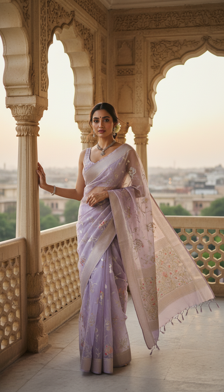 View Banarasi Organza Saree on Mughal Balcony - AI transformation template example full size Banarasi Organza Saree on Mughal Balcony - AI transformation template example