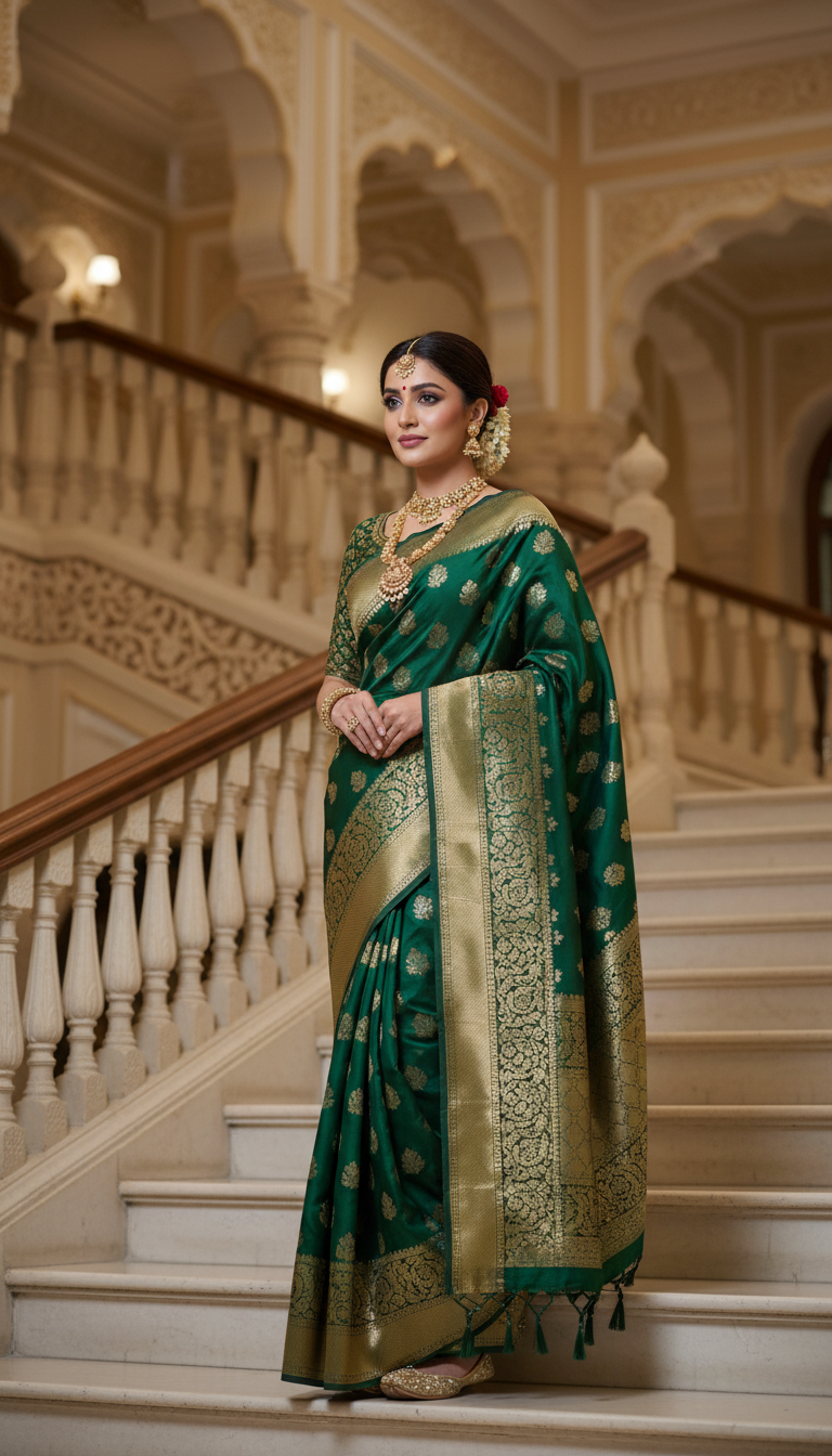 View Banarasi Shattir Saree on Ornate Stairs - Bridal Mood - AI transformation template example full size Banarasi Shattir Saree on Ornate Stairs - Bridal Mood - AI transformation template example