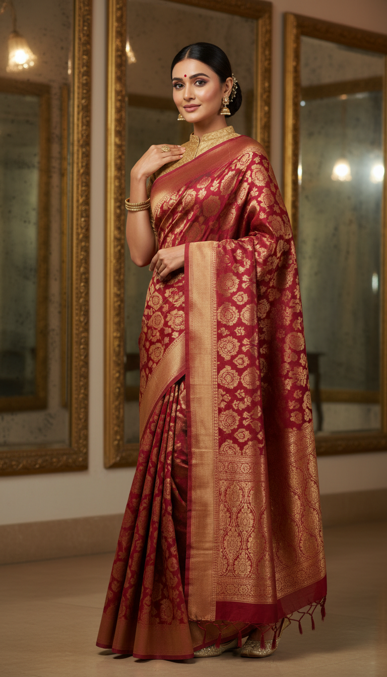 View Banarasi Shattir Saree with Vintage Mirrors - AI transformation template example full size Banarasi Shattir Saree with Vintage Mirrors - AI transformation template example