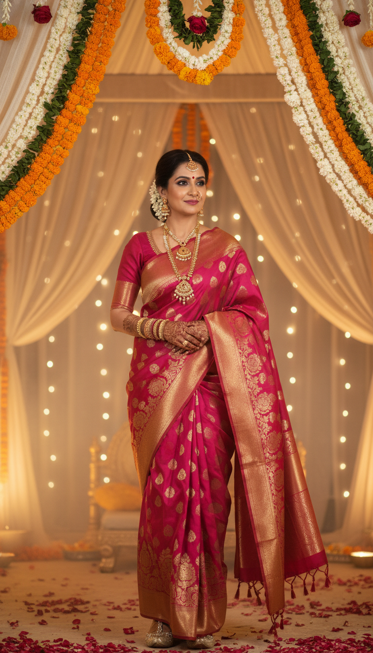 View Banarasi Silk Saree Mandap Ceremony - AI transformation template example full size Banarasi Silk Saree Mandap Ceremony - AI transformation template example