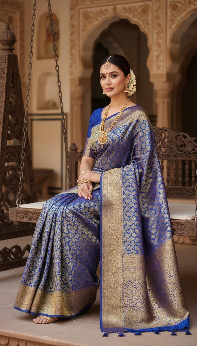 View Royal Blue Banarasi Silk Saree on Haveli Swing - AI transformation template example full size Royal Blue Banarasi Silk Saree on Haveli Swing - AI transformation template example