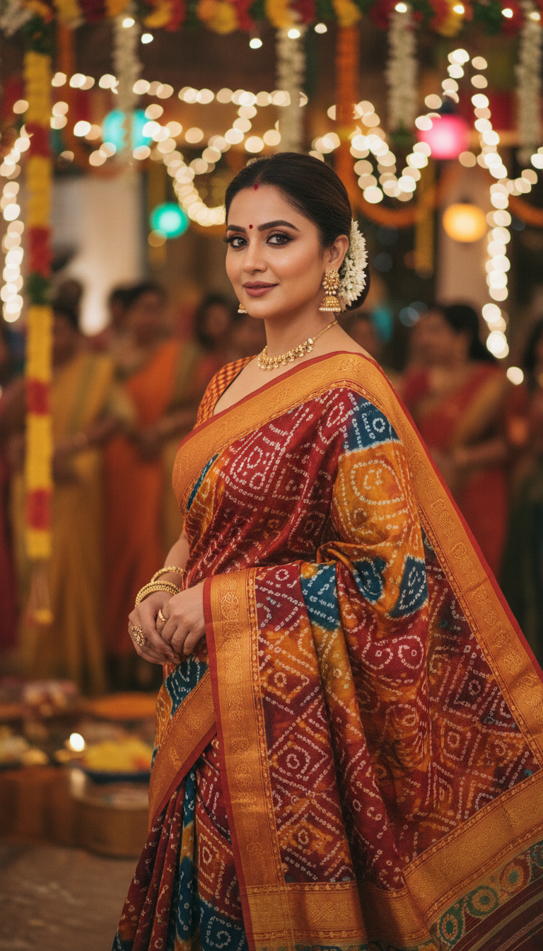 View Bandhani Saree at Festive Celebration with Dupatta Pallu - AI transformation template example full size Bandhani Saree at Festive Celebration with Dupatta Pallu - AI transformation template example