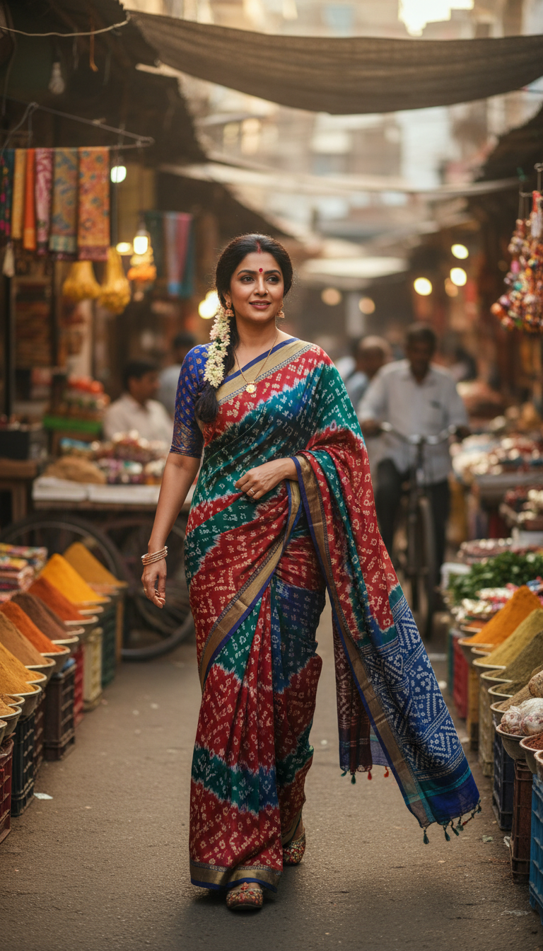 View Bandhani Saree in Vibrant Indian Market - AI transformation template example full size Bandhani Saree in Vibrant Indian Market - AI transformation template example