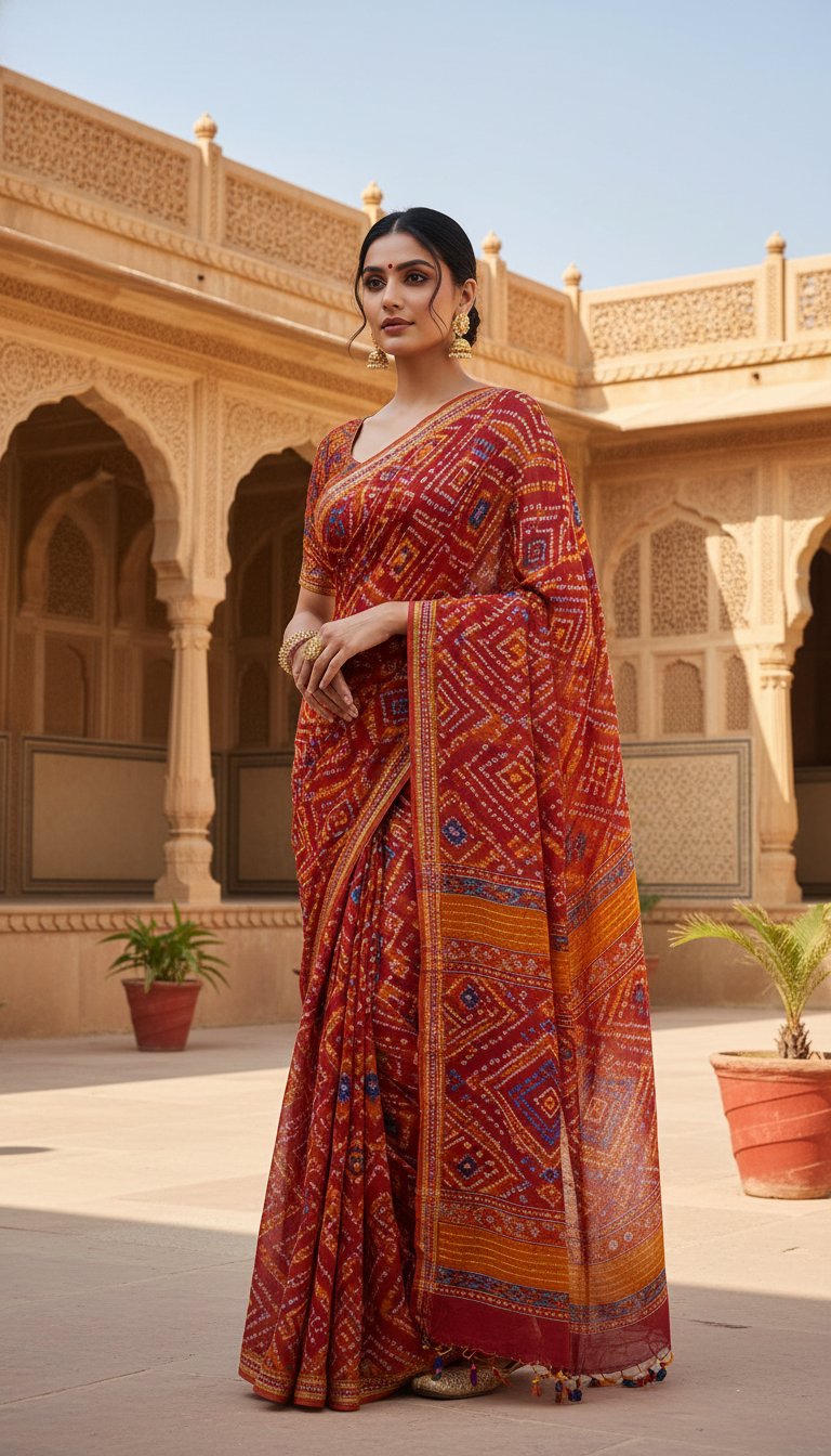 Bandhani Saree in Rajasthani Desert Courtyard - AI transformation template example