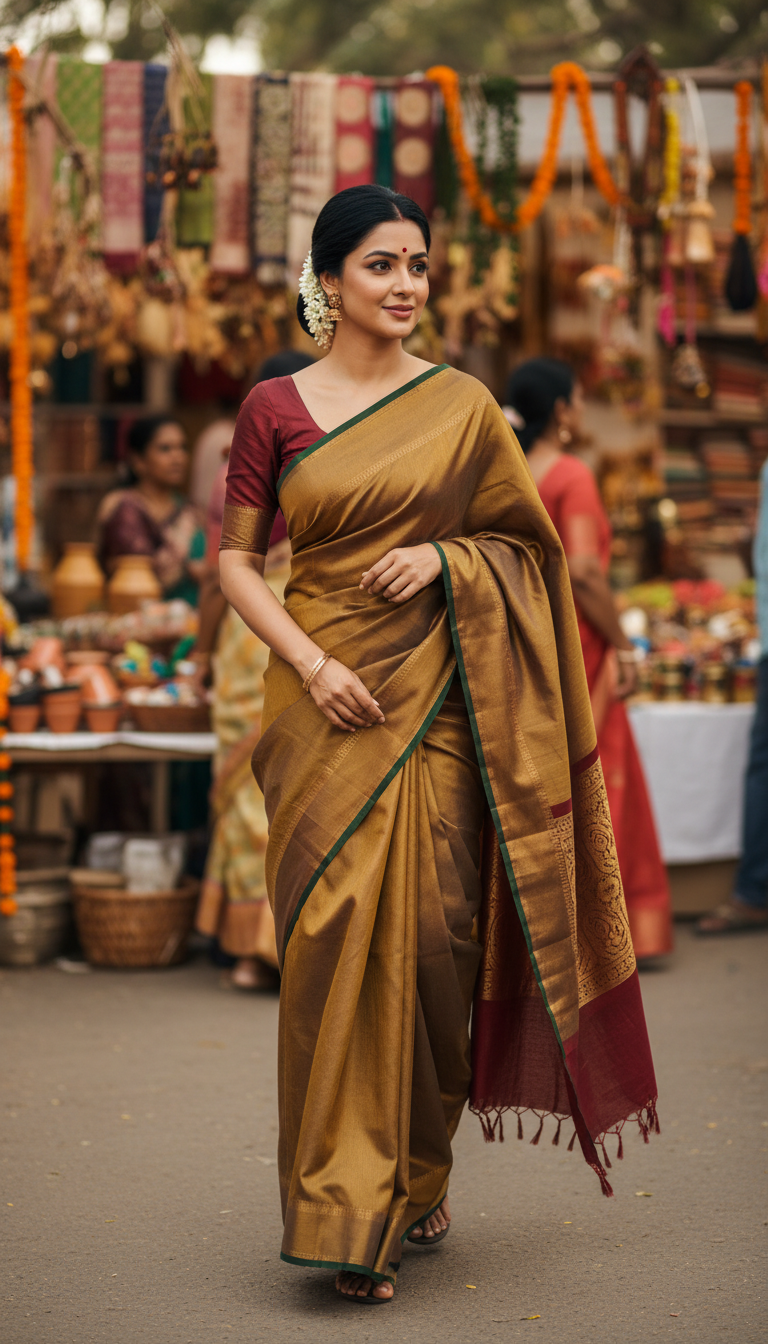 View Adult person in Bhagalpuri Tussar Saree at Handicraft Fair - AI transformation template example full size Adult person in Bhagalpuri Tussar Saree at Handicraft Fair - AI transformation template example