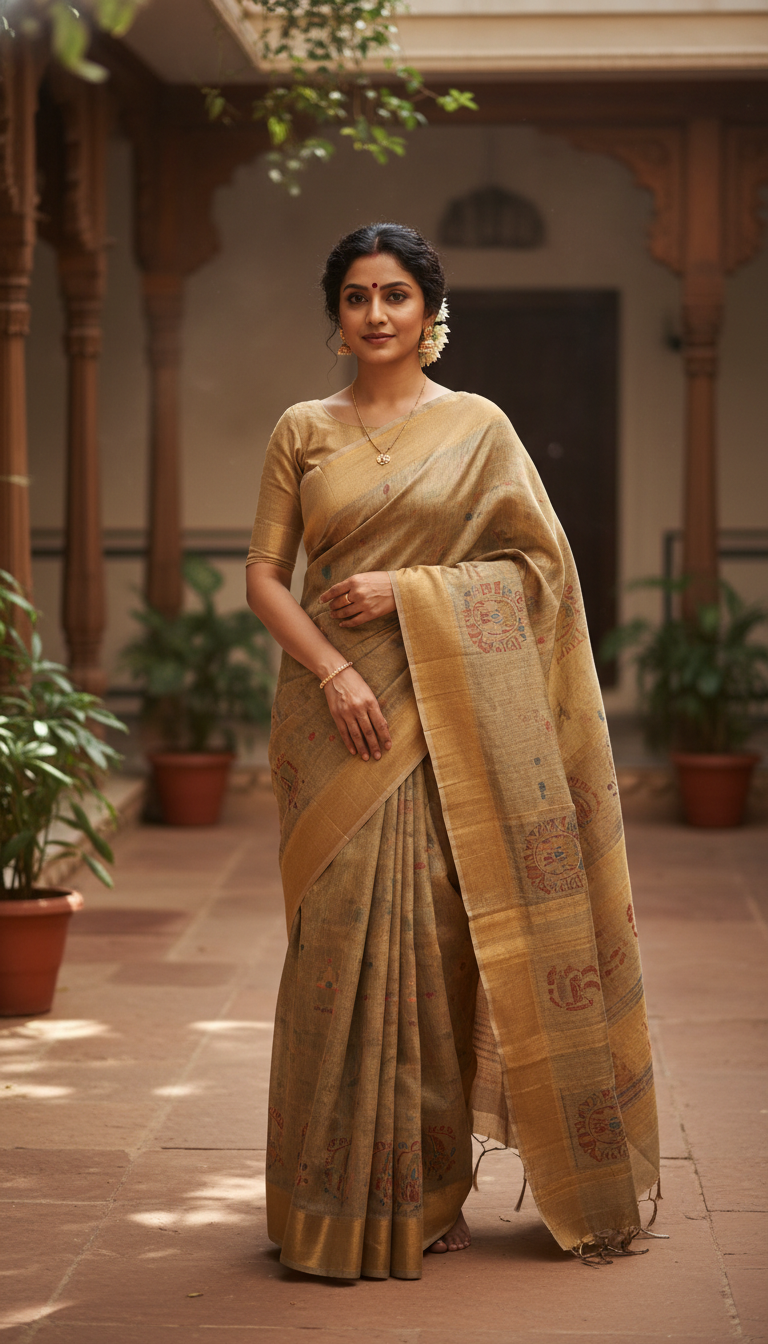 View Bhagalpuri Tussar Saree in Sunlit Courtyard - AI transformation template example full size Bhagalpuri Tussar Saree in Sunlit Courtyard - AI transformation template example