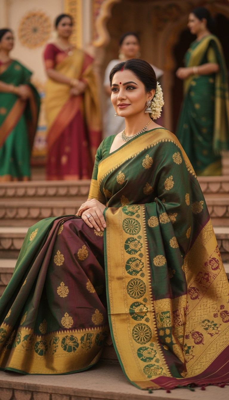 View Bomkai Saree on Steps at Cultural Event - AI transformation template example full size Bomkai Saree on Steps at Cultural Event - AI transformation template example