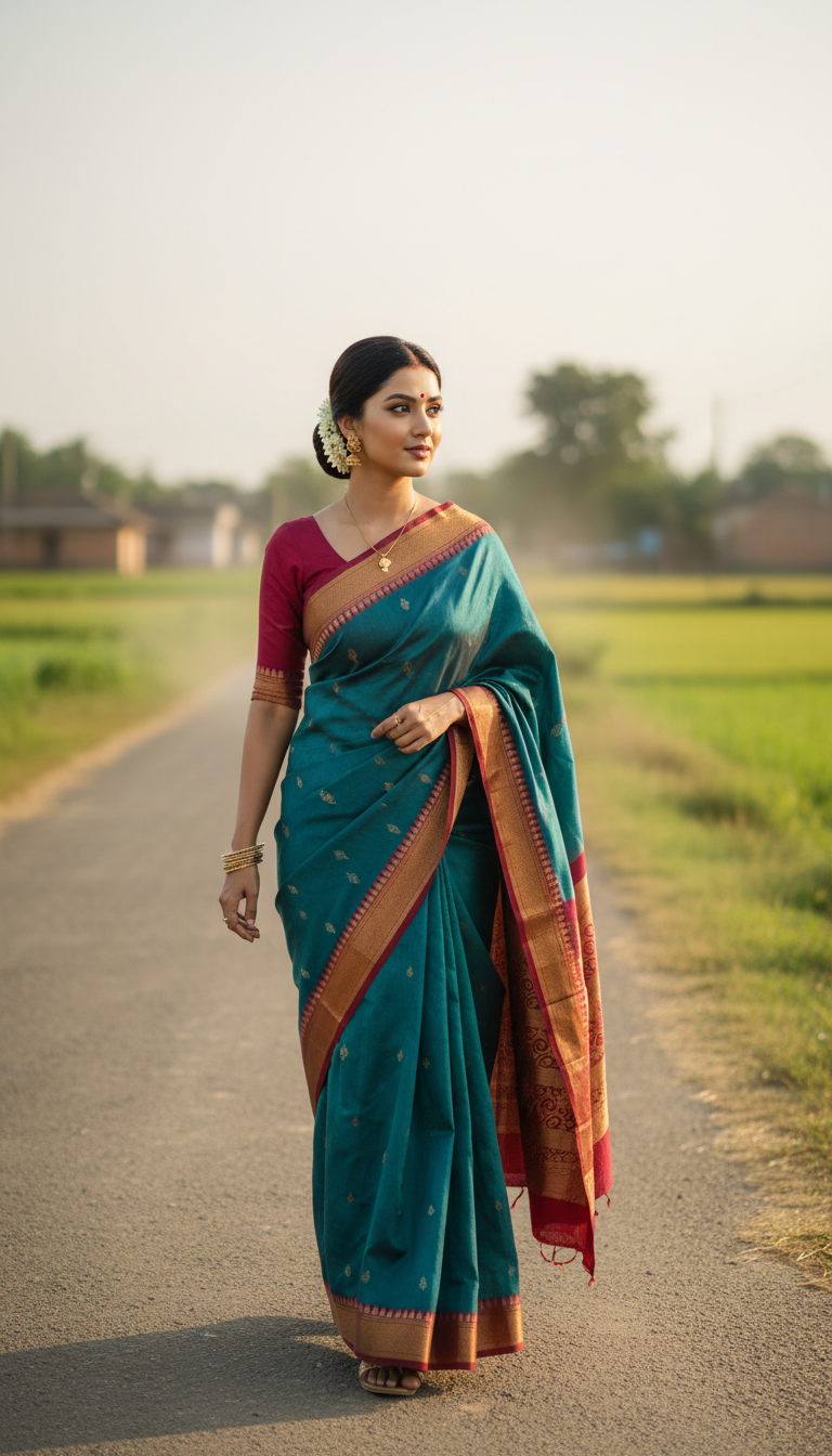 Bomkai Saree Graceful Walk on Rural Road - AI transformation template example
