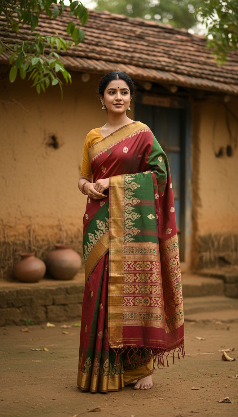 Bomkai Saree Near Mud Wall House - AI transformation template example