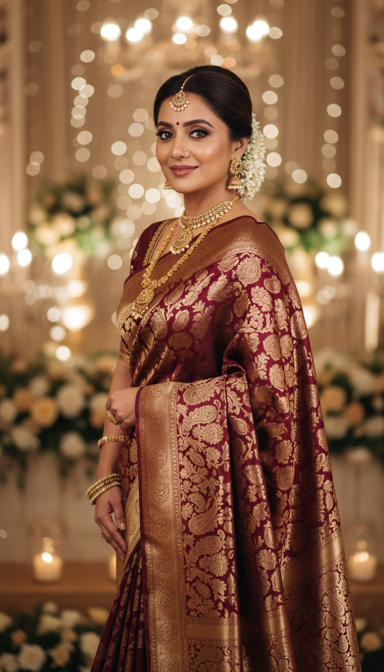 View Brocade Saree at Formal Wedding Reception - AI transformation template example full size Brocade Saree at Formal Wedding Reception - AI transformation template example