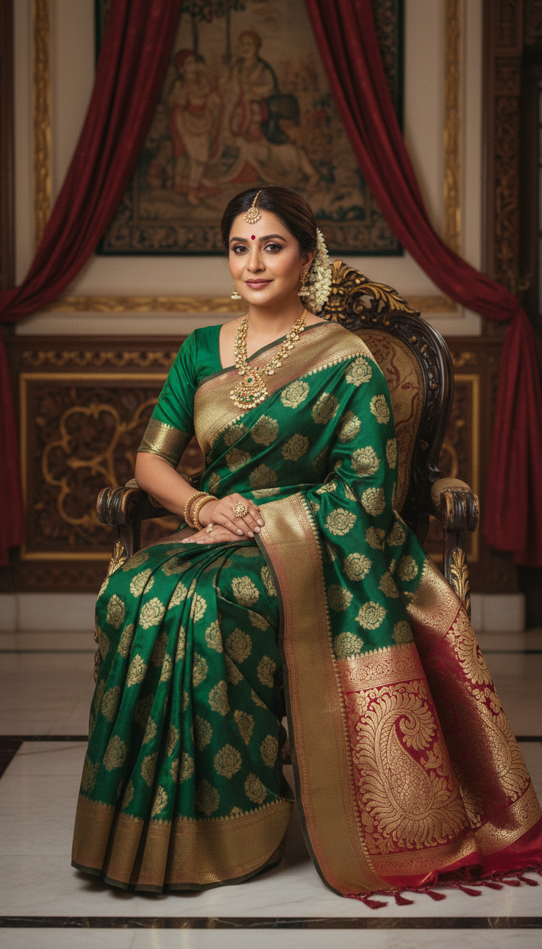 View Brocade Saree Elegance on Ornate Chair - AI transformation template example full size Brocade Saree Elegance on Ornate Chair - AI transformation template example