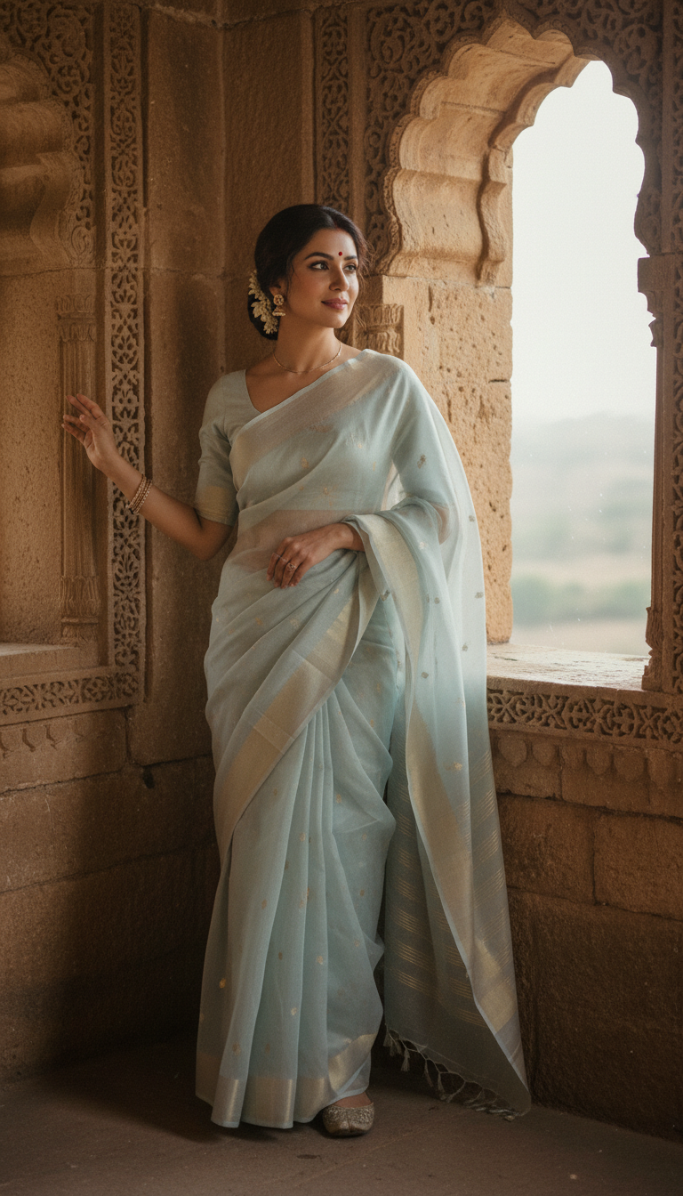 Chanderi Saree at Historic Fort Window - AI transformation template example