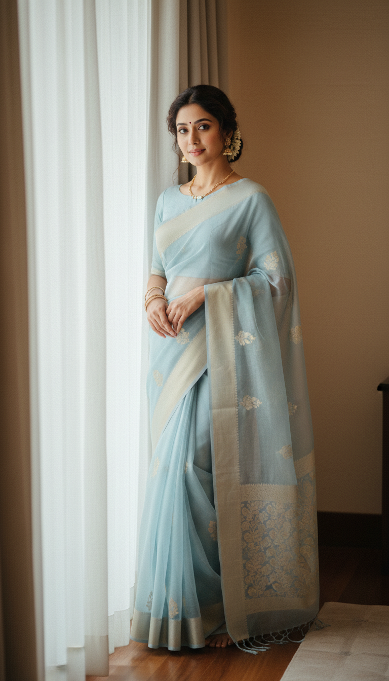 View Chanderi Saree Indoors with Sheer Curtains - AI transformation template example full size Chanderi Saree Indoors with Sheer Curtains - AI transformation template example