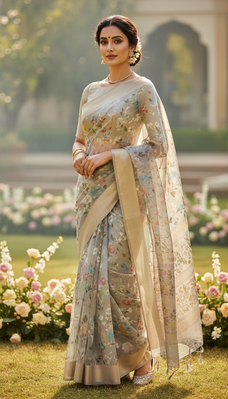 View Chanderi Saree at Summer Daytime Event - AI transformation template example full size Chanderi Saree at Summer Daytime Event - AI transformation template example