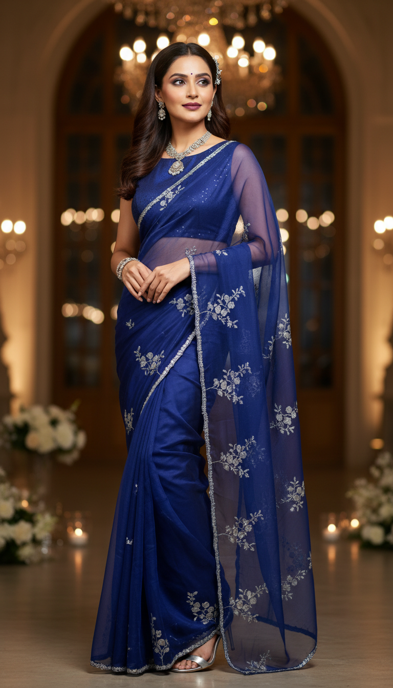 View Chiffon Saree at Elegant Evening Reception - AI transformation template example full size Chiffon Saree at Elegant Evening Reception - AI transformation template example