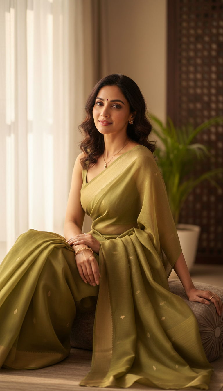 View Chiffon Saree Indoors Relaxed Seated Pose - AI transformation template example full size Chiffon Saree Indoors Relaxed Seated Pose - AI transformation template example