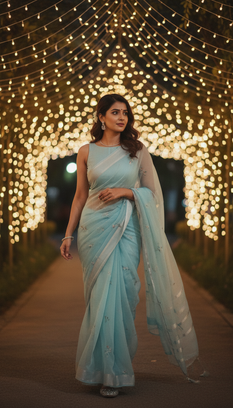 View Chiffon Saree Glow: Walking Under String Lights - AI transformation template example full size Chiffon Saree Glow: Walking Under String Lights - AI transformation template example