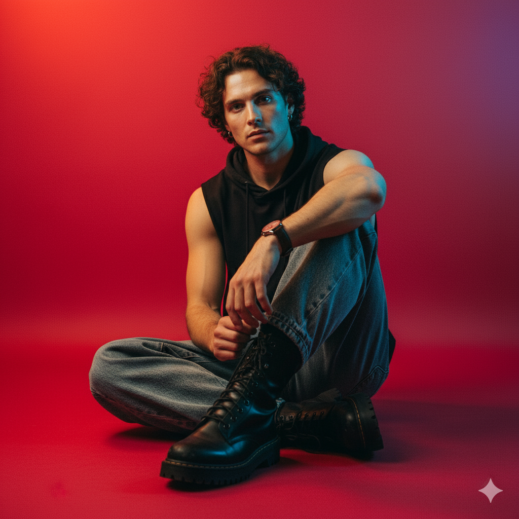 View Studio Editorial - Cool-Warm Split Portrait - AI transformation template example full size Studio Editorial - Cool-Warm Split Portrait - AI transformation template example