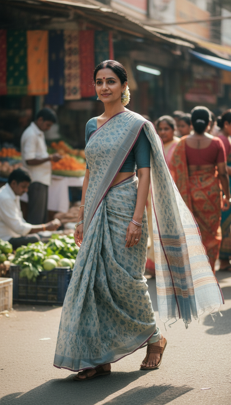 View Adult Person in Cotton Saree Walking Through Indian Local Market - AI transformation template example full size Adult Person in Cotton Saree Walking Through Indian Local Market - AI transformation template example