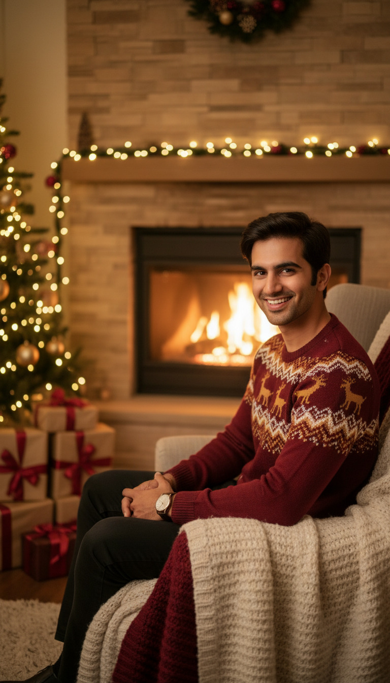 View Cozy Fireplace Christmas Portrait - AI transformation template example full size Cozy Fireplace Christmas Portrait - AI transformation template example