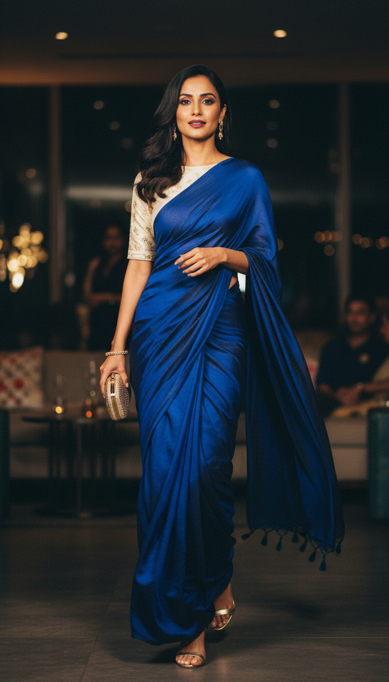 Elegant Crepe Saree at Cocktail Event - AI transformation template example