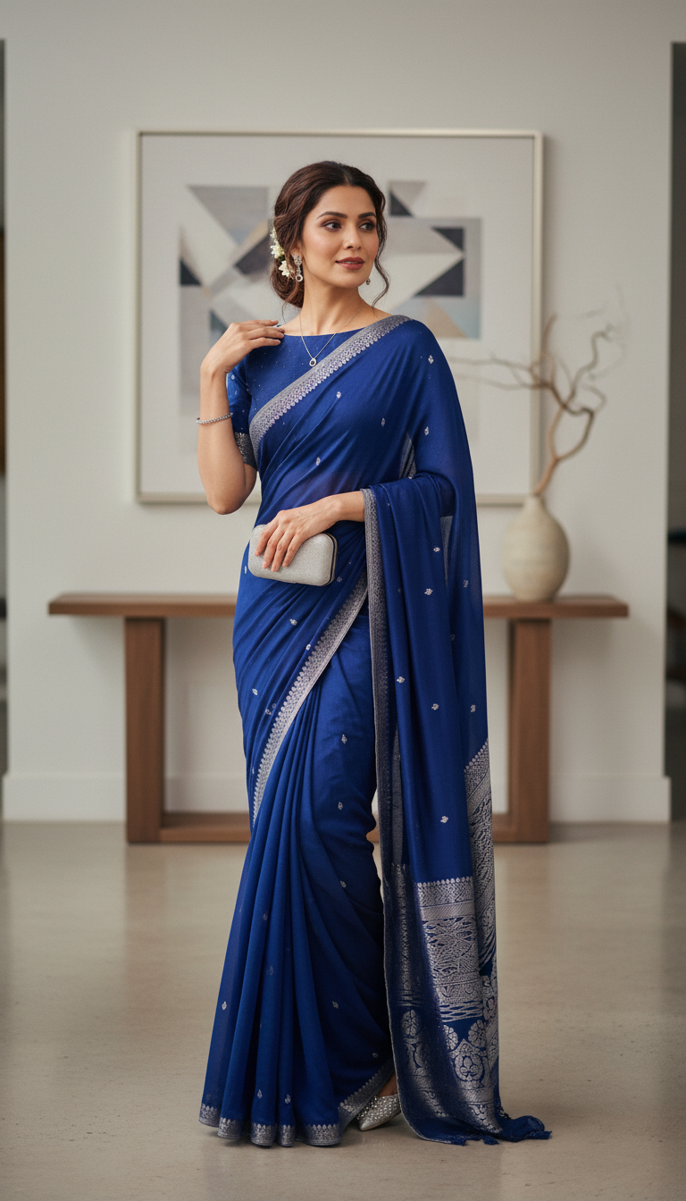 View Crepe Saree in Contemporary Indoor Setting - AI transformation template example full size Crepe Saree in Contemporary Indoor Setting - AI transformation template example