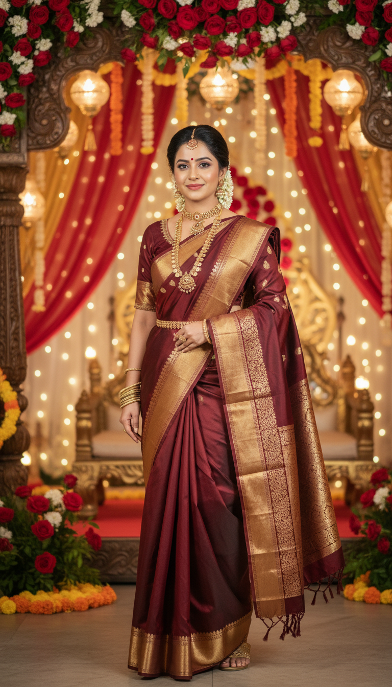 Dharmavaram Silk Saree in Decorated Wedding Hall - AI transformation template example