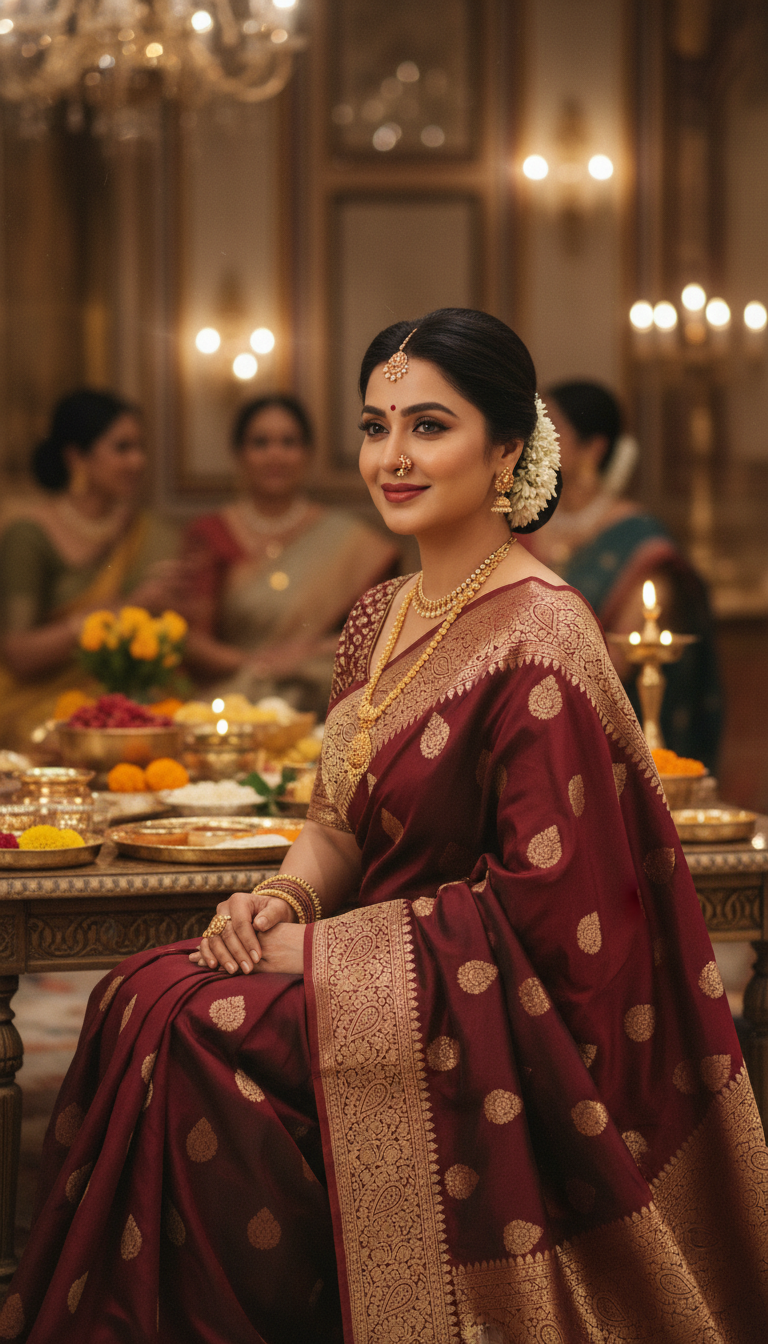 View Elegant Zari Saree at Festive Indian Dinner - AI transformation template example full size Elegant Zari Saree at Festive Indian Dinner - AI transformation template example