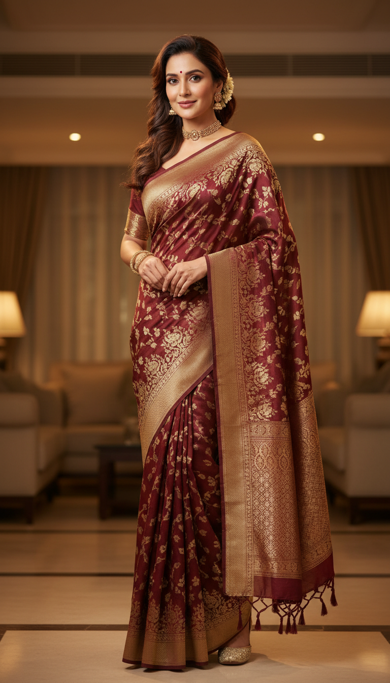 View Elegant Zari Saree in Warm Indoor Light - AI transformation template example full size Elegant Zari Saree in Warm Indoor Light - AI transformation template example