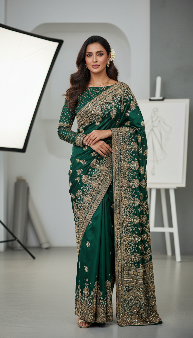View Embroidered Saree in Designer Studio - AI transformation template example full size Embroidered Saree in Designer Studio - AI transformation template example