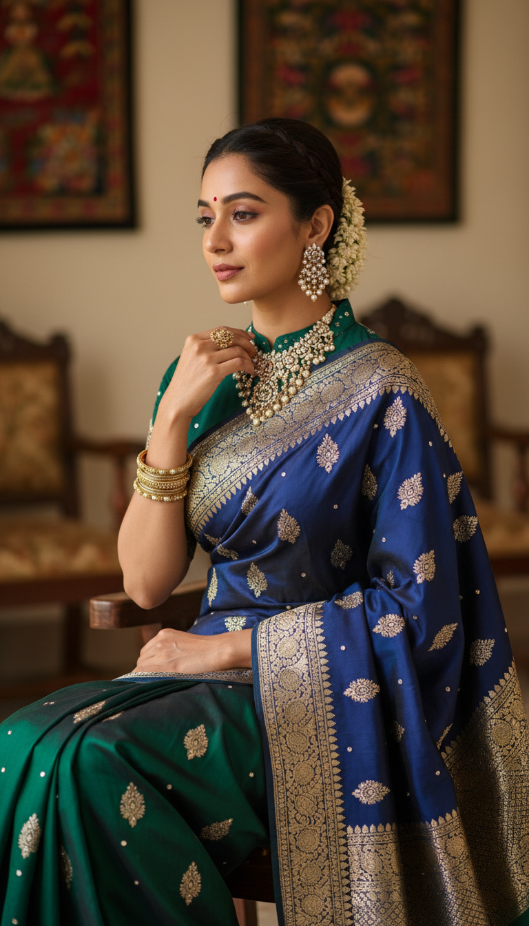 View Seated Person Adjusting Jewelry in Embroidered Saree - AI transformation template example full size Seated Person Adjusting Jewelry in Embroidered Saree - AI transformation template example