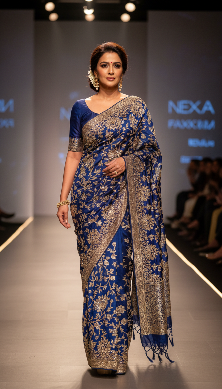 Embroidered Saree Runway Style Showcase - AI transformation template example