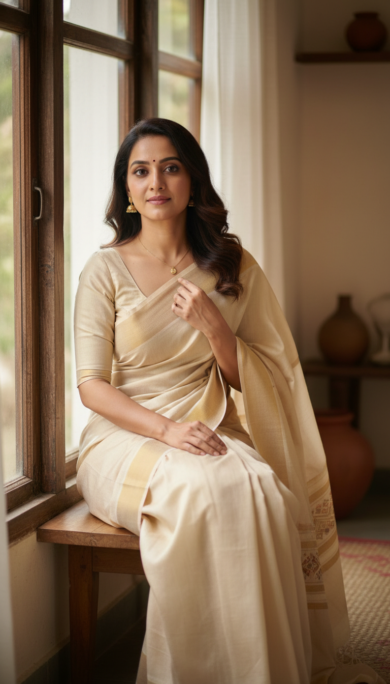 View Eri Silk Saree Indoors by Wooden Window - AI transformation template example full size Eri Silk Saree Indoors by Wooden Window - AI transformation template example