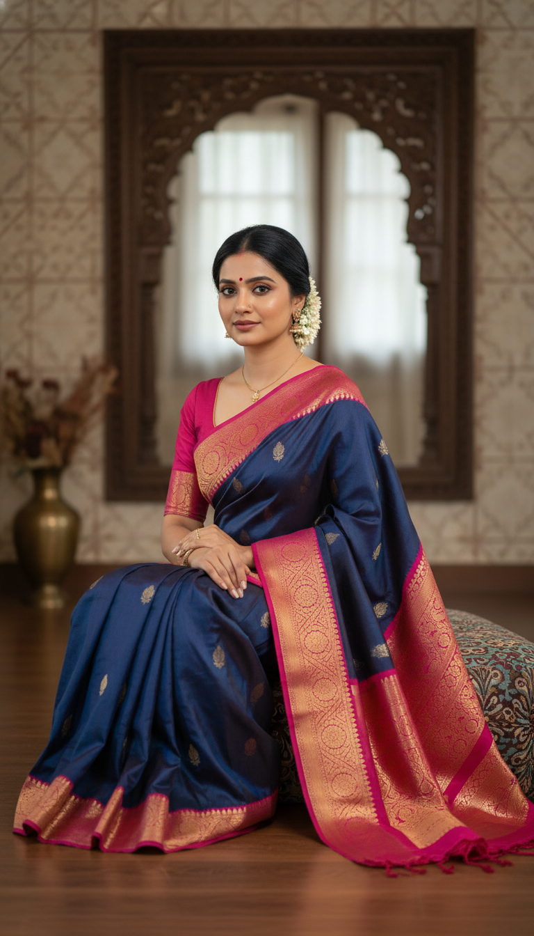 View Gadwal Saree Indoor Seated Portrait - AI transformation template example full size Gadwal Saree Indoor Seated Portrait - AI transformation template example
