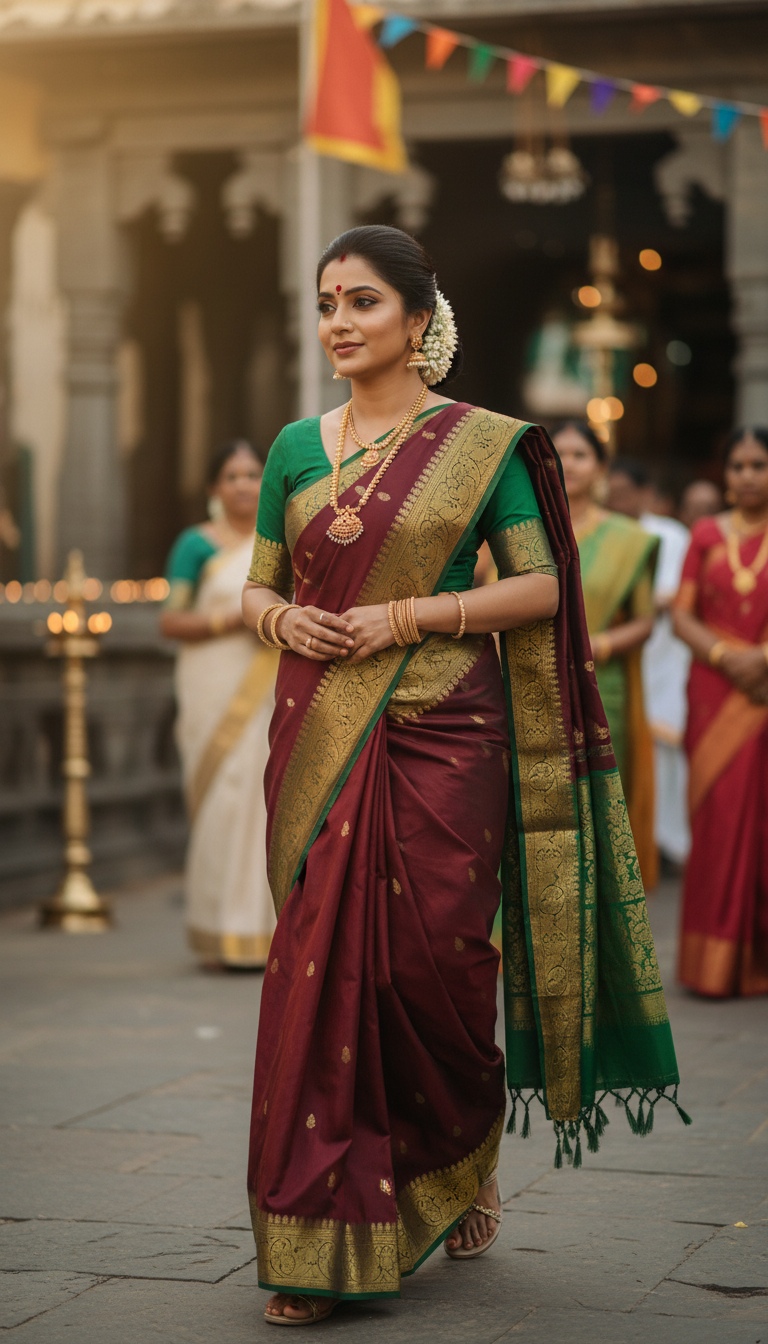 View Adult person in Gadwal Saree Walking at Religious Event - AI transformation template example full size Adult person in Gadwal Saree Walking at Religious Event - AI transformation template example