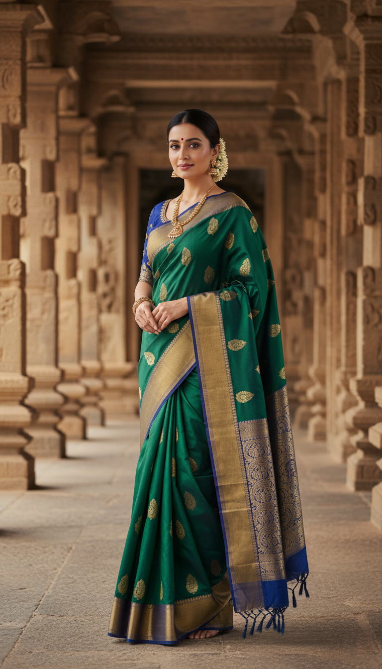 View Gadwal Saree in Temple Corridor - AI transformation template example full size Gadwal Saree in Temple Corridor - AI transformation template example