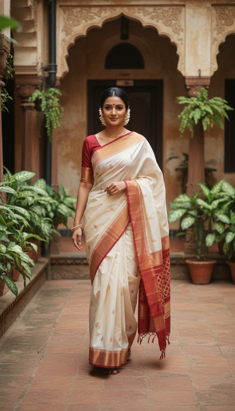 Garad Saree in Traditional Bengali Courtyard - AI transformation template example