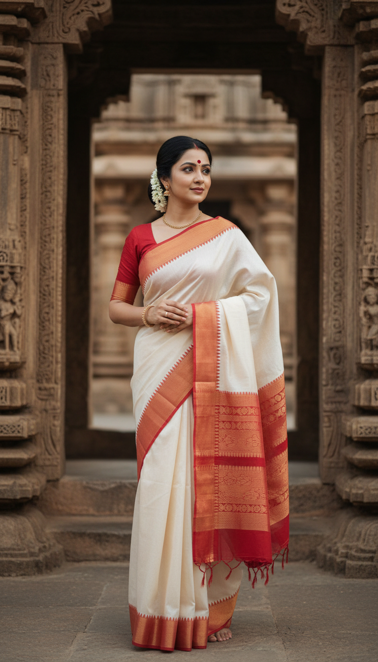 View Garad Saree at Temple Entrance - AI transformation template example full size Garad Saree at Temple Entrance - AI transformation template example