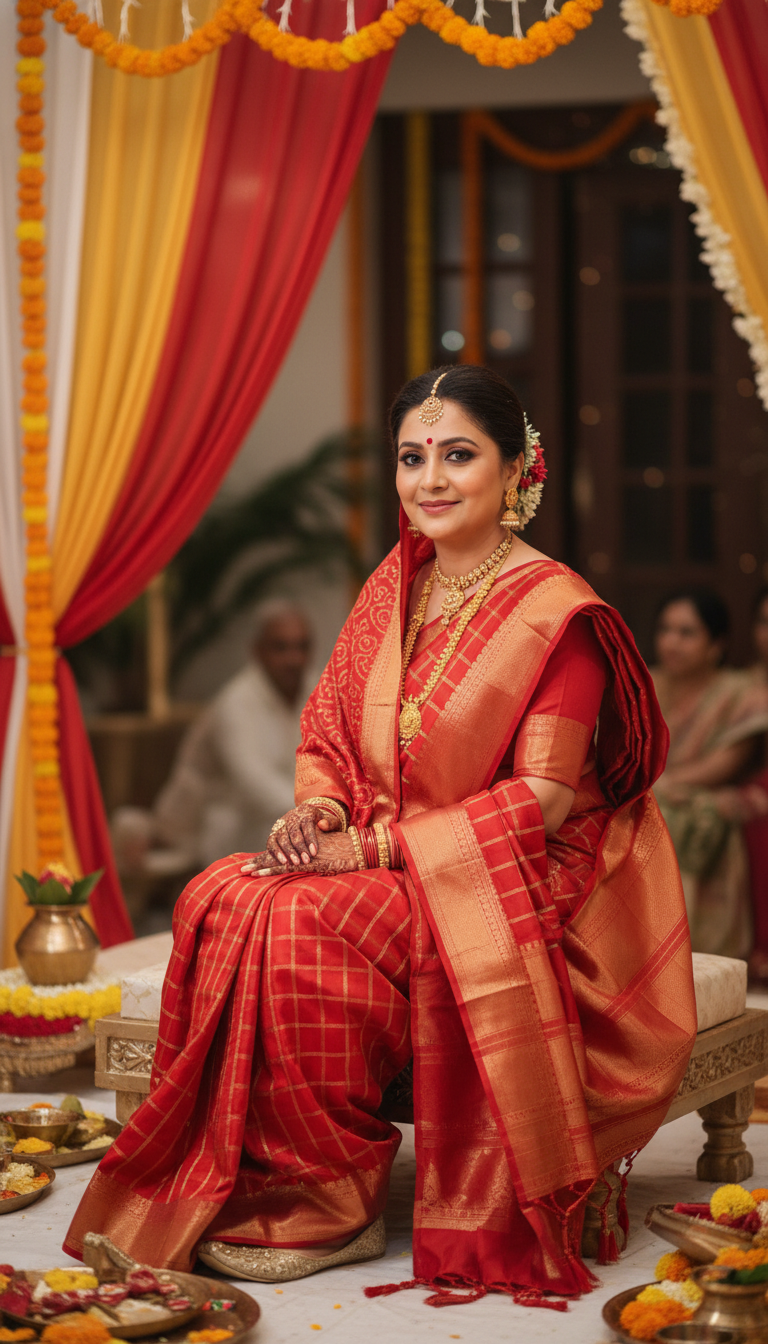 View Adult in Gharchola Saree Seated at Gujarati Wedding Ritual - AI transformation template example full size Adult in Gharchola Saree Seated at Gujarati Wedding Ritual - AI transformation template example